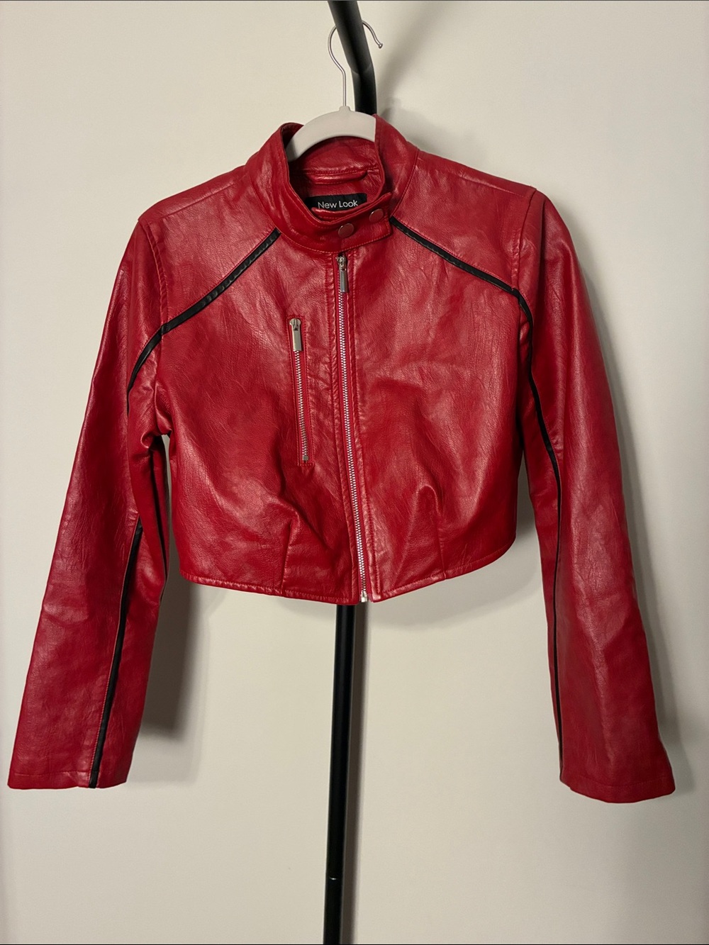 New Look Red Cropped Faux Leather Biker Jacket Large